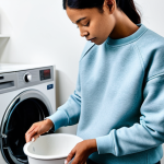 A professional individual, fully clothed in modest, comfortable attire, gently hand-washing a Champion-style Reverse Weave sweatshirt in a well-lit, modern laundry room. The sweatshirt is turned inside out and carefully placed in cool water within a clean, minimalist basin. The individual's hands are visible, demonstrating gentle, proper care. The scene emphasizes meticulous garment maintenance. Safe for work, appropriate content, perfect anatomy, correct proportions, natural pose, well-formed hands, proper finger count, natural body proportions, professional dress, high quality, realistic.