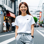 Casual Daily Wear**

A young Japanese woman in her 20s, smiling gently, standing in a bright, modern Tokyo street. She is wearing a light grey Nike jogger set, fully clothed, with a simple white t-shirt underneath and white Nike Air Max sneakers. She's holding a reusable coffee cup. The background features blurred city scenery with shops and pedestrians. Safe for work, appropriate content, modest clothing, professional quality, perfect anatomy, correct proportions, natural pose, well-formed hands, proper finger count.

**
