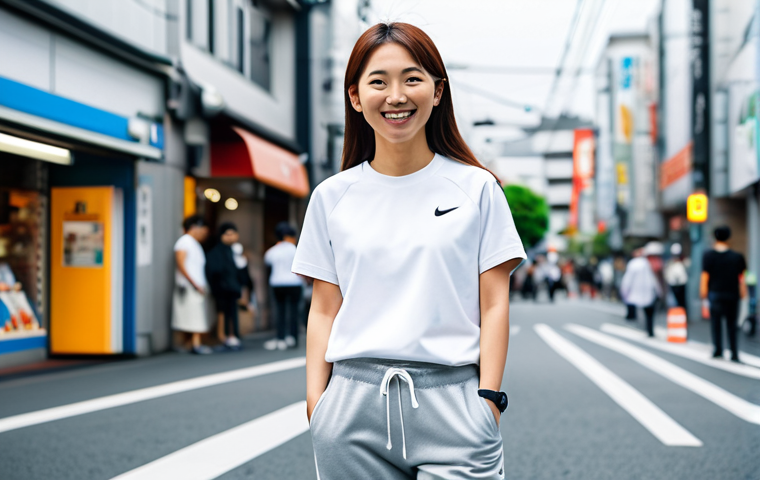 Casual Daily Wear**

A young Japanese woman in her 20s, smiling gently, standing in a bright, modern Tokyo street. She is wearing a light grey Nike jogger set, fully clothed, with a simple white t-shirt underneath and white Nike Air Max sneakers. She's holding a reusable coffee cup. The background features blurred city scenery with shops and pedestrians. Safe for work, appropriate content, modest clothing, professional quality, perfect anatomy, correct proportions, natural pose, well-formed hands, proper finger count.

**