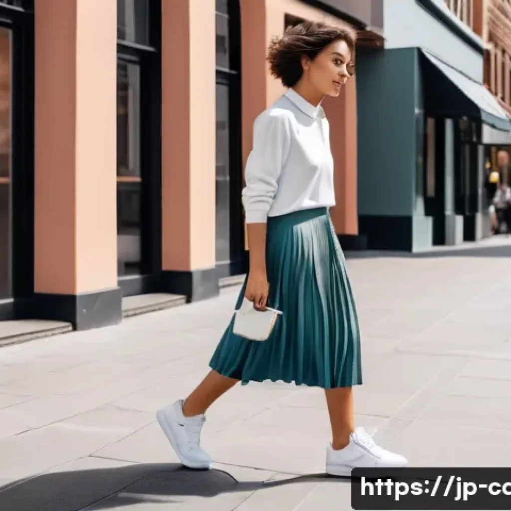 리복의 레트로 운동화 추천 - A fashionable young woman in her mid-20s, with short, stylish hair, is walking confidently down a cl...