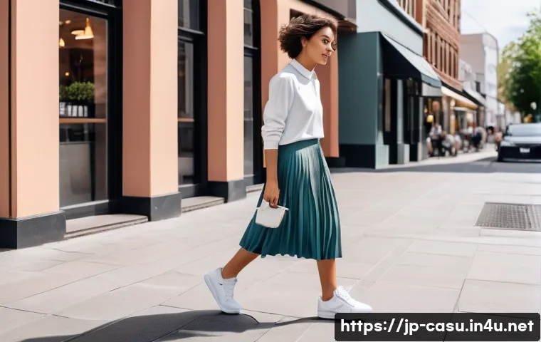 리복의 레트로 운동화 추천 - A fashionable young woman in her mid-20s, with short, stylish hair, is walking confidently down a cl...