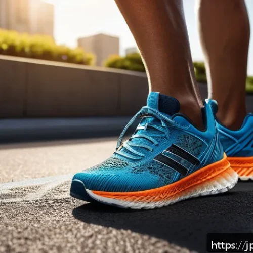 뉴발란스의 러닝화 세일 정보 - A detailed close-up of a modern running shoe designed for urban jogging, featuring a balanced mix of...